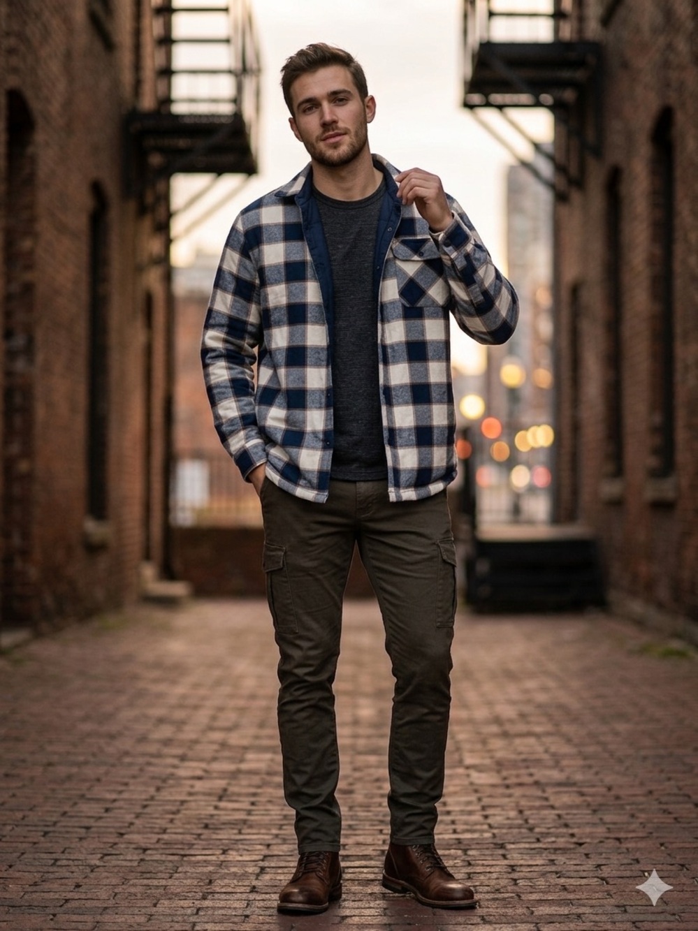 Men's Blue and White Plaid Shacket‎ - Casual Layering Jacket